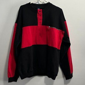 FLAN Red‎ & Black Wide Striped 1/4 Button Sweatshirt Sz XL